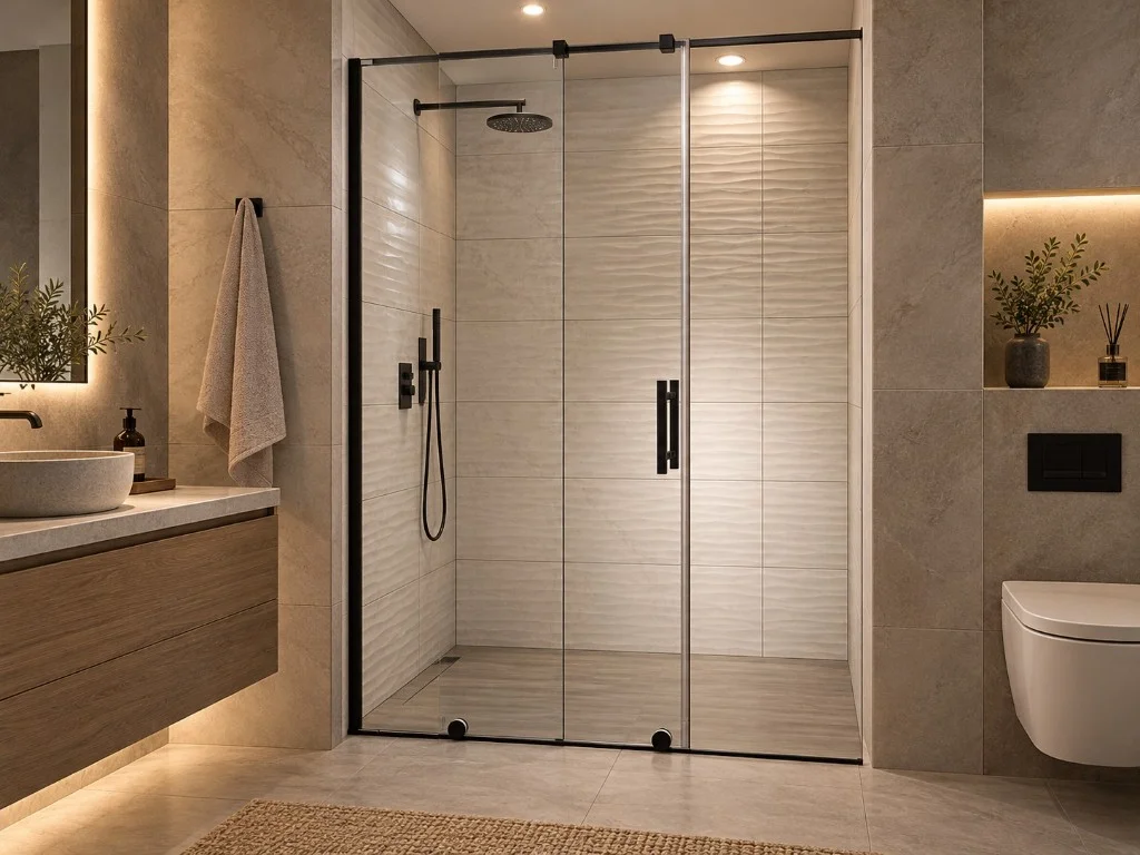 Sliding glass shower enclosure with matte black profiles, rain shower head and wave tiles in a modern bathroom