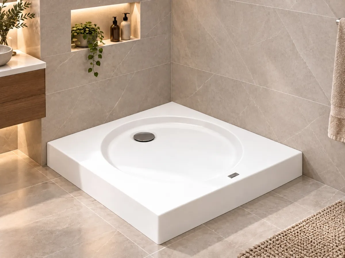 White square Delta shower tray installed in a bathroom corner