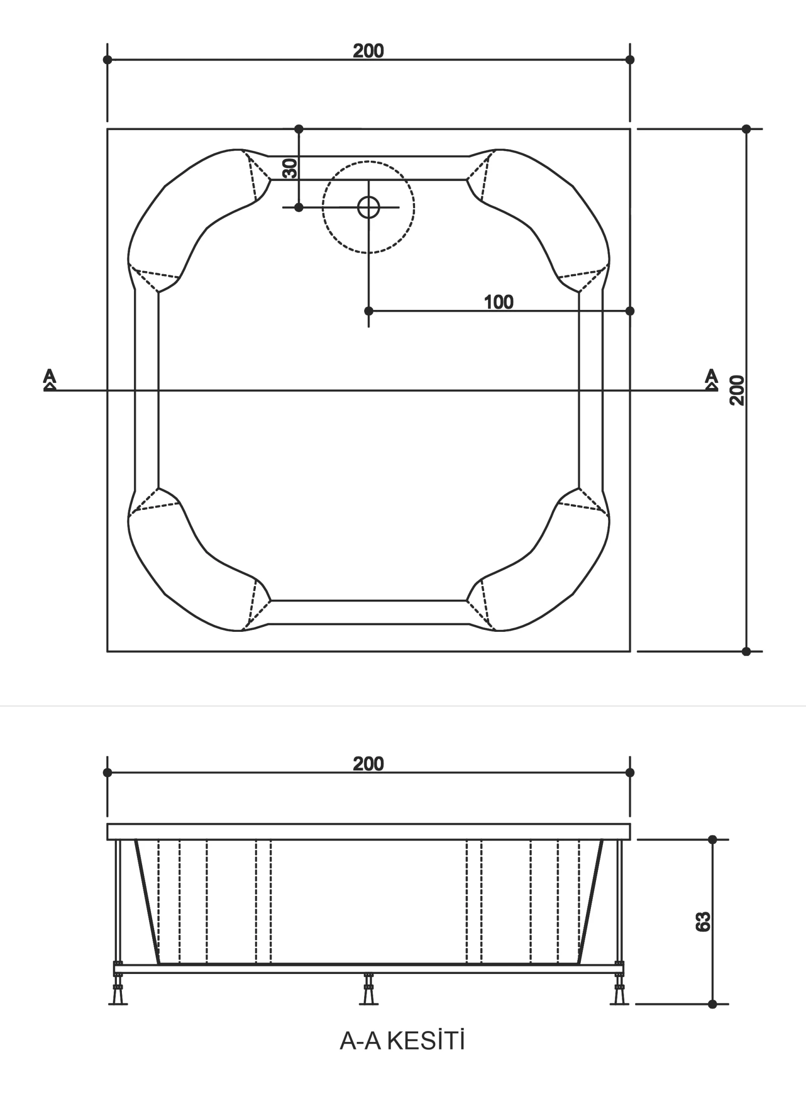 Technical drawing of the Hadrian whirlpool bathtub: 200 × 200 cm plan view and A-A section