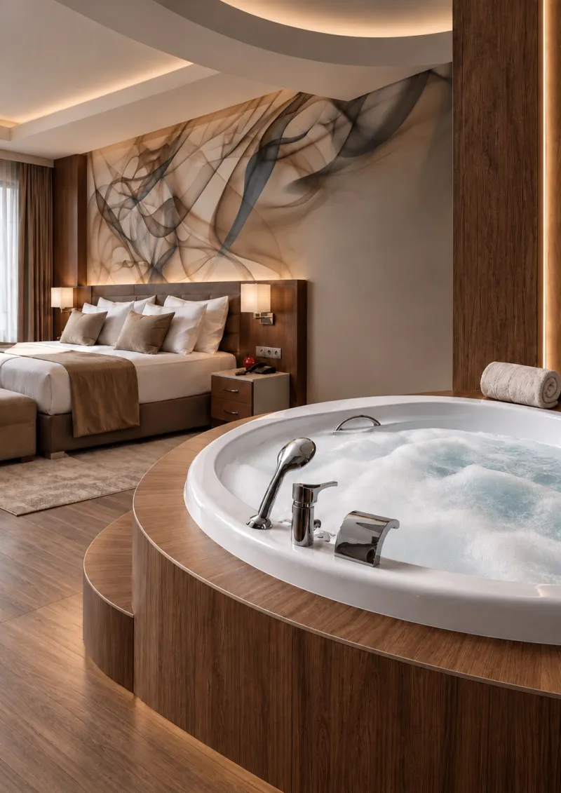 Rectangular wood-clad Delta whirlpool bathtub with blue-lit water